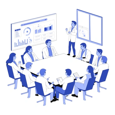 A hospital conference room is filled with stakeholders wearing white coats. They are gathered around a large rectangular table, engaging in a discussion about healthcare initiatives. Several individuals are holding notepads and pens, taking notes as they listen attentively. On the wall behind them, there is a whiteboard filled with charts and graphs that illustrate various healthcare data. One person is standing at the front, gesturing towards the board while explaining a point. Natural light streams in through a window, illuminating the room and highlighting the focused expressions on the participants' faces.