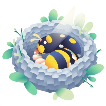 A hornet with a glossy black and yellow body is seen inside a nest, which is made of gray, papery material. The nest has a layered structure with multiple chambers, each containing developing larvae. The hornet is carefully feeding its larvae, which are small and creamy white, with a focused expression. Surrounding the nest are patches of green leaves and twigs, creating a natural environment for the hornet. Soft light filters through the foliage, illuminating the scene and the intricate details of the nest.