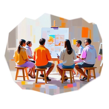 A circle of artists gathered together in an intimate setting, engaged in a constructive critique of various displayed illustrations. Each artist is seated on a wooden stool, surrounded by their peers, as they share their thoughts. The illustrations, pinned to a large board, feature a diverse array of styles and subjects, showcasing the artists' creativity. Some artists are taking notes in sketchbooks, while others are animatedly discussing their perspectives. The atmosphere is focused, with the artists exchanging insights and praise. Natural light filters into the room, highlighting the vibrant colors of the artwork.