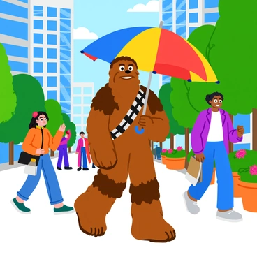 A tall, furry Wookiee named "Chewbacca" is walking through a bustling city street. He is holding a large, colorful umbrella that features vibrant patterns of red, blue, and yellow. Surrounding him are tall buildings with glass windows reflecting the bright sunlight. There are people in the background, some looking surprised at the sight of Chewbacca, while others are carrying shopping bags. The street is lined with green trees and colorful flower pots adding to the lively atmosphere.