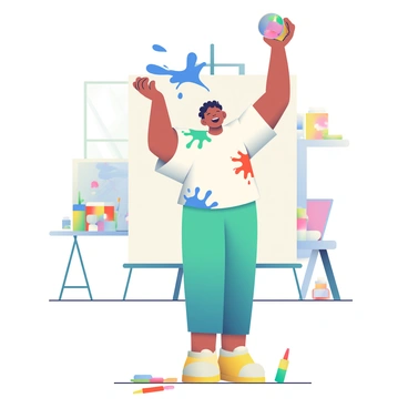 A person with light brown skin and short curly hair is standing in front of a large white canvas. They are wearing a white t-shirt that is splattered with various colors of paint. Their right arm is raised high as they joyfully throw vibrant blue paint from a cup towards the canvas, creating a splash of color. Around their feet, there are scattered brushes and paint tubes in bright shades of red, yellow, and green. The background features a bright, sunlit studio filled with colorful art supplies and a small table cluttered with more paint containers.
