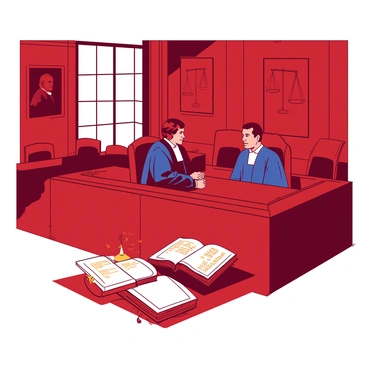 A red courtroom is filled with wooden benches and a large, imposing wooden judge's bench at the front. Two judges, one wearing a black robe and the other in a dark blue robe, are engaged in a discussion at the judge's bench. In front of them, there are several open law books, one of which is prominently displaying the title "Napoleonic Code" in golden letters. The walls are adorned with framed portraits of historical legal figures, and a large window allows soft light to illuminate the scene. A faint outline of the scales of justice is visible on the background wall, adding to the legal atmosphere.