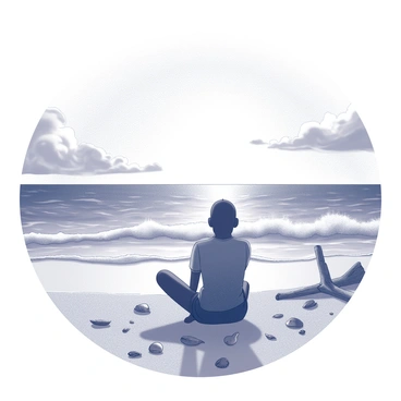 A figure sitting on a sandy beach with their legs crossed, facing the setting sun. The silhouette of the figure is distinct against the bright horizon, creating a contrast with the surrounding environment. The beach is littered with small seashells and pieces of driftwood, adding details to the sandy foreground. In the background, gentle waves are crashing onto the shore, creating ripples in the sand. The sky is filled with dynamic clouds, reflecting the fading light of the sun as it descends towards the horizon.
