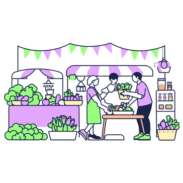A bustling farmer's market filled with various stalls. On the left, there is a stall overflowing with fresh vegetables, including green leafy greens and purple eggplants, arranged in neat piles. Next to it, a flower stall displays vibrant bouquets of mixed flowers, with green stems and purple blossoms prominently showcased. In the center, a vendor is handing a customer a basket filled with fruits, showcasing apples and oranges. To the right, another stall offers jars of homemade jams and preserves, labeled and organized on wooden shelves. Colorful banners hang above the stalls, adding to the lively atmosphere of the market.
