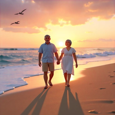 A senior couple walking hand in hand along a beach during sunset. The man has gray hair and is wearing a light blue button-up shirt and beige shorts. The woman has short silver hair and is dressed in a flowing white sundress. The beach has soft golden sand, and the waves gently lap at the shore. The sky is filled with vibrant hues of orange, pink, and purple as the sun sets on the horizon. Seagulls can be seen flying in the distance, completing the tranquil scene.