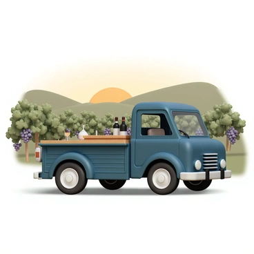 A stylish truck, painted in a deep navy blue with sleek lines, is parked under the warm sun. The truck has an open back, showcasing a wooden wine-tasting setup that includes a polished oak table, glasses, and bottles of wine. Surrounding the truck are lush green grapevines, their leaves glistening in the light, with clusters of ripe grapes hanging ready for harvest. In the background, rolling hills add depth to the vineyard scene, creating a picturesque and inviting atmosphere for wine tasting.