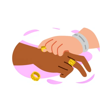 Two hands coming together to exchange a pair of shiny wedding rings. The rings are gold with intricate designs engraved on the surface. One hand belongs to a person with tanned skin and adorned with a delicate bracelet, while the other has lighter skin with a simple watch. The fingers are gently touching, with a soft focus on the rings to emphasize their significance. In the background, there are hints of an elegant setting, adding to the intimate atmosphere of commitment and love.