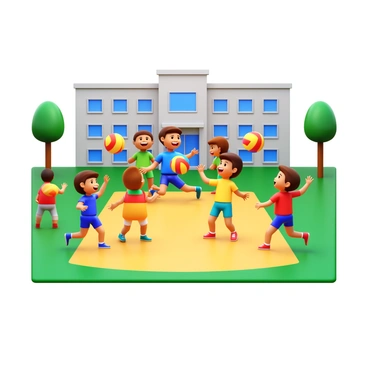 A group of children joyfully playing volleyball on a school playground. The children are engaged in the game, some jumping to hit the ball, while others prepare to receive it. They are wearing vibrant athletic clothing, with a mix of colors including blue, red, yellow, and green. The volleyball is colorful, featuring bright patterns. The playground has a sandy area for the volleyball court, surrounded by green grass and trees. The school building is visible in the background, adding context to the setting.