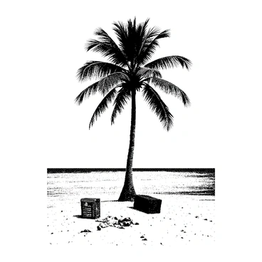 A small deserted island with a lone palm tree and castaway remains