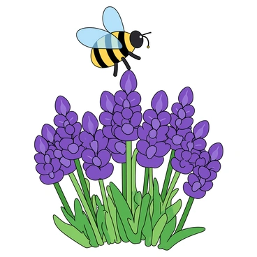 A small, cartoon-like bee with yellow and black stripes is hovering above a vibrant cluster of lavender flowers. The bee has large, translucent wings that catch the light, creating a playful sparkle. Each lavender flower is depicted with deep purple petals and a bright green stem. The flowers are densely packed together, with a few open blossoms showing their delicate shape. The bee is extending its proboscis towards one of the lavender flowers, ready to collect nectar. Around the flowers, there are hints of green leaves and a soft, whimsical background that complements the playful nature of the scene.
