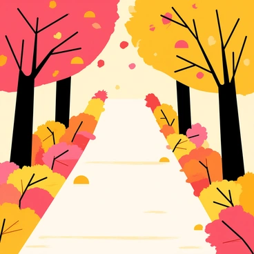 A leafy pathway lined with trees on either side, their branches extending overhead. The ground is covered with a colorful array of autumn leaves in shades of red, orange, and yellow. Leaves are gently falling from the trees, creating a soft, rustling sound as they touch the earth. The light filters through the branches, highlighting the bright colors of the foliage. A few small rocks are scattered along the pathway, adding texture to the scene.