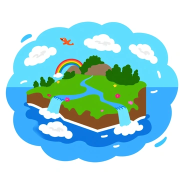 A fantasy island floating in a bright blue sky with fluffy white clouds surrounding it. The island features lush green vegetation, with colorful flowers blooming throughout. Waterfalls cascade dramatically off the edges of the island, creating shimmering streams that disappear into the clouds below. In the foreground, a rainbow arcs over one of the waterfalls, adding a vibrant splash of color to the scene. A few whimsical birds can be seen soaring near the edge of the island. The sunlight casts warm rays, illuminating the island's features.