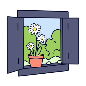 A rustic cottage window made of dark wood, with slightly peeling paint along the edges. The window has a square shape with six small panes. On the windowsill sits a small terracotta pot filled with delicate white edelweiss flowers, their fuzzy, star-shaped petals open wide. A soft green moss can be seen around the base of the pot, adding a touch of natural texture to the scene. The background showcases a glimpse of a lush garden filled with greenery.