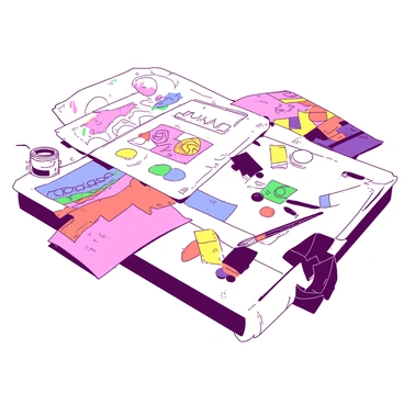 A white workspace is filled with various textile design materials. In the center, there is a drafting table covered with sketches of bold patterns. Each sketch features geometric shapes and vibrant motifs. Surrounding the table are color swatches in an array of shades, organized in a rainbow spectrum. Nearby, there are several fabric samples, some displaying the bold patterns being tested. A set of paintbrushes and jars containing paint in two distinct colors are positioned on the table, indicating the ongoing process of color tests. The atmosphere conveys a sense of creativity and exploration in textile design.