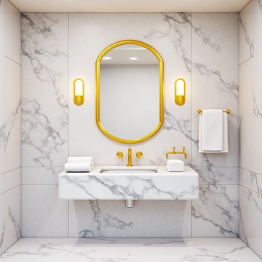 A luxurious bathroom featuring a polished marble sink with intricate veining in shades of white and gray. The sink is complemented by elegant gold fixtures that glisten under the ambient lighting. The walls are adorned with large marble tiles, adding to the opulence of the space. Soft, plush towels are neatly arranged, and a stylish mirror with a gold frame hangs above the sink. The floor is covered in sleek marble, enhancing the overall luxurious feel of the yacht's bathroom.