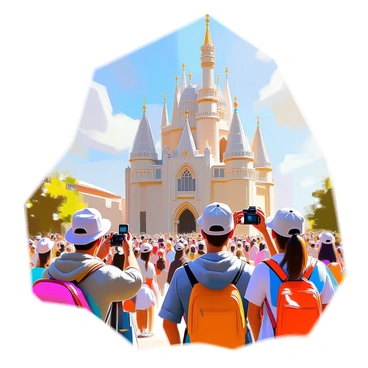 A famous historic landmark with intricate architectural details, surrounded by a vibrant crowd of tourists. The landmark features tall spires and ornate carvings, with sunlight casting shadows on its surface. Groups of tourists are positioned around the landmark, some holding cameras up to capture photographs, while others are pointing and admiring its beauty. The scene includes a mix of individuals of varying ethnicities, with backpacks, hats, and casual clothing, all engaged in the experience of exploring this iconic site.
