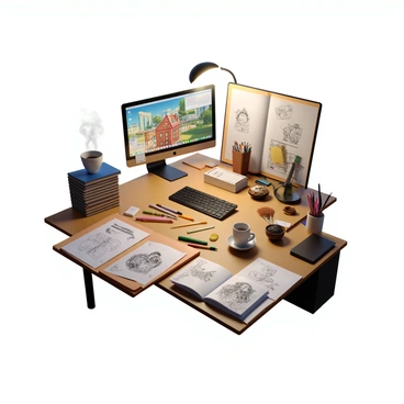 A cluttered illustrator's desk filled with various art supplies and tools. There is a sleek computer with a large monitor displaying a colorful digital artwork. Surrounding the computer are several open sketch pads filled with hand-drawn illustrations. Various colored pencils, pens, and brushes are scattered across the desk. A small stack of reference books and a steaming cup of coffee sit off to one side, adding to the creative atmosphere. The lighting is warm and inviting, shining down on the workspace.