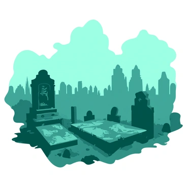 A thick, ghostly fog in shades of teal is rolling over an old cemetery, partially obscuring the worn headstones and crumbling mausoleums. The gravestones are covered in moss, revealing intricate carvings that hint at the passage of time. In the distance, shadowy figures in shades of white loom among the graves, their forms indistinct and ethereal. The atmosphere is thick with an unsettling stillness, as the fog swirls around the cemetery, creating an air of mystery and intrigue.