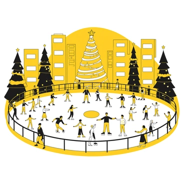 A busy ice skating rink filled with numerous people gliding and twirling gracefully on the ice. The rink is surrounded by tall buildings, and vibrant lights illuminate the scene. Some skaters are performing spins, while others hold hands as they skate together. In the background, a large, decorated Christmas tree stands prominently, adding to the festive atmosphere. A few spectators can be seen watching from the edges, enjoying the lively scene.