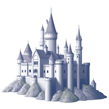 A large castle with towering spires rising dramatically into the sky. The view is taken from the base of a hill, showcasing the castle's grand architecture and impressive height. The structure features thick stone walls, intricate carvings, and numerous arched windows. Surrounding the castle are patches of rugged terrain and sparse vegetation, enhancing its formidable presence. The sky above is expansive, adding to the sense of scale and majesty.