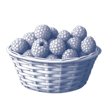 A rustic wicker basket is positioned centrally within the image. The basket is filled to the brim with fresh raspberries, their plump shapes and textured surfaces creating a rich display. Some raspberries are nestled closely together, while others spill slightly over the edge of the basket. The basket features a natural woven texture, highlighting the craftsmanship involved. The scene captures the sense of abundance and the organic beauty of the freshly picked fruit.
