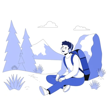 A hiker is sitting on a hillside, resting against a large rock. The hiker is wearing a backpack and has headphones on, indicating they are listening to music. Surrounding the hiker, there are various types of plants and grasses, creating a natural environment. In the background, there are distant mountains rising against the skyline. The hiker has a content expression, with eyes closed, as they enjoy the peaceful ambiance of nature. Sunlight filters through trees, casting soft shadows on the ground around them.