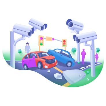 A modern pastel illustration depicting multiple traffic cameras positioned at various angles. Each camera is focused on a scene where two cars have collided at an intersection. The first car is red and crumpled at the front, while the second car is blue, with its rear damaged. Surrounding the cars are small details like a traffic light showing red, scattered debris on the road, and bystanders with concerned expressions. The traffic cameras have blinking lights indicating they are recording.