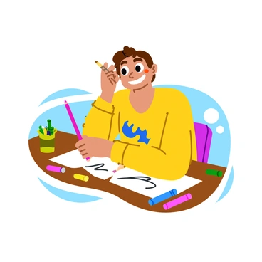 A player sitting at a wooden desk, focused on drawing a cartoonish face. The face has large, bulging eyes, an oversized smile with exaggerated teeth, and exaggerated eyebrows that arch dramatically. The player is holding a colorful pencil in one hand, with sketch paper in front, showcasing their vibrant artwork. Brightly colored markers and erasers are scattered around the desk. The room is filled with playful art supplies, creating a lively atmosphere.