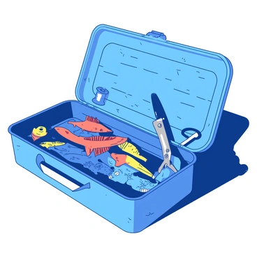 A blue tackle box is open, revealing various fishing tools and lures specifically designed for smallmouth bass fishing. Inside, there are several compartments filled with colorful lures in shades of orange and yellow, including crankbaits and spinnerbaits. A pair of stainless steel pliers is placed next to a spool of fishing line. A small tackle tray with hooks and weights rests to one side, and a fishing knife with a black handle is also visible. The box is set against a textured wooden surface, adding a rustic touch to the scene.