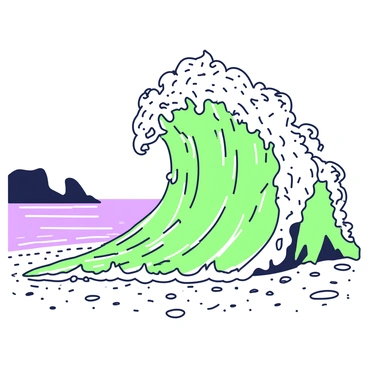 A giant wave made entirely of cash bills is crashing onto a sandy shore. The wave is towering, with visible details of numerous bills fluttering as they move with the water's motion. The shore is lined with fine sand, dotted with small pebbles and seashells. In the background, there are distant cliffs rising sharply from the coastline. The sky above is clear, allowing sunlight to illuminate the scene and create reflections on the wave's surface.