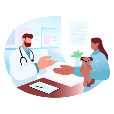 A veterinarian is standing behind a wooden desk in a well-lit clinic, handing a pet owner an invoice. The veterinarian is dressed in a white coat and has a stethoscope draped around their neck. The pet owner, wearing a casual shirt, is reaching out to receive the invoice with one hand while holding a small, fluffy dog in the other arm. The dog is looking around curiously. The background features a colorful wall with pet care posters and some potted plants. A clipboard and a pen are resting on the desk next to the invoice.