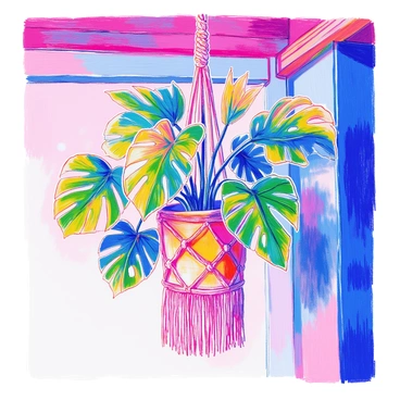 A lush monstera plant with large, glossy green leaves is hanging from the ceiling. The leaves are vibrant and have characteristic splits and holes. It is suspended in an intricate macrame planter made of twisted cotton rope, which features a series of knots and fringes. The macrame planter is hanging from a wooden ceiling beam, allowing the plant to cascade down elegantly. The background is softly blurred, focusing attention on the plant and its unique planter.