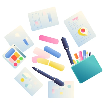 A flat lay of various art supplies used by flat illustration artists, including pens, markers, and paper.