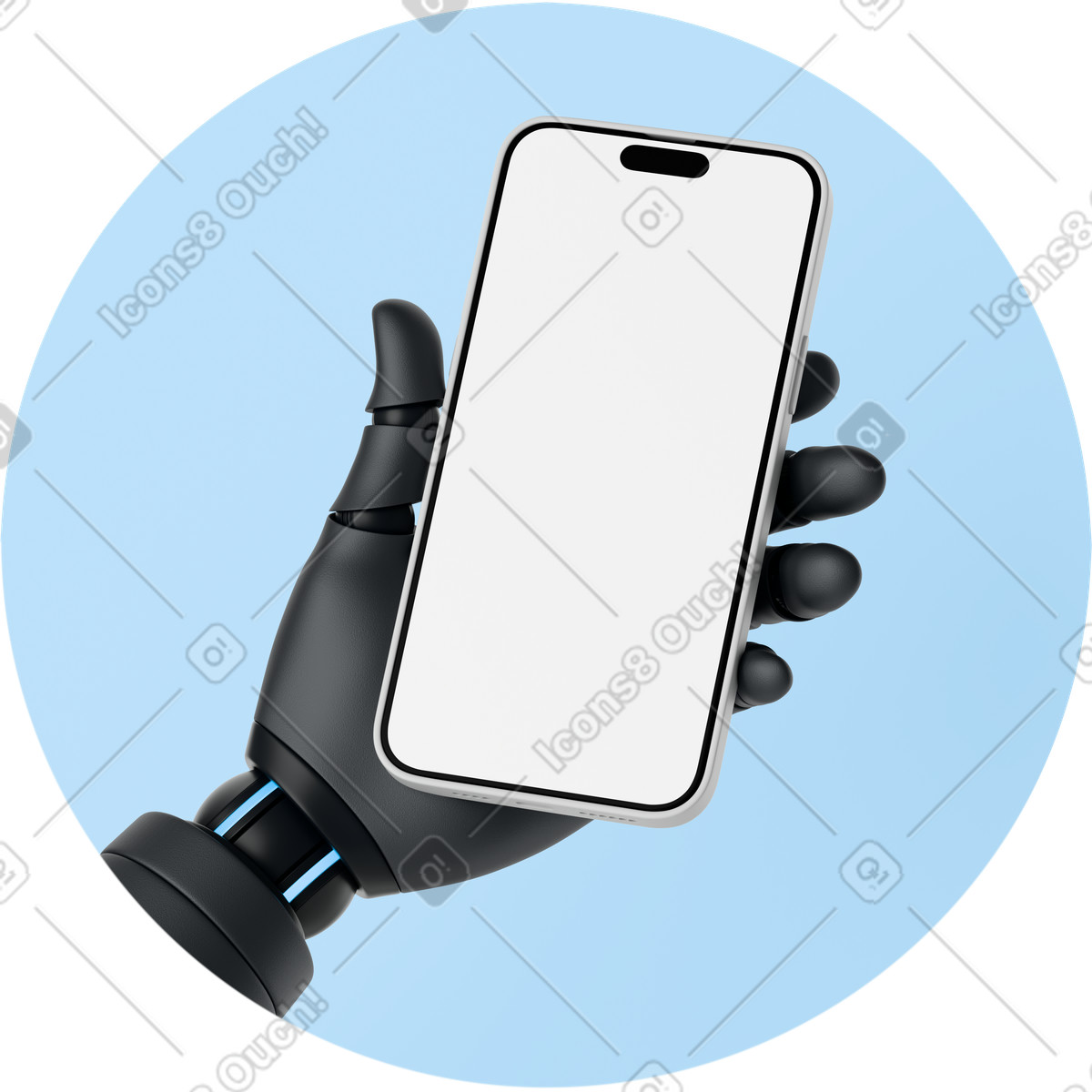 Ilustración Mano robótica de agente ia negra sosteniendo el teléfono en estilo 3D Business a descargar en PNG y SVG