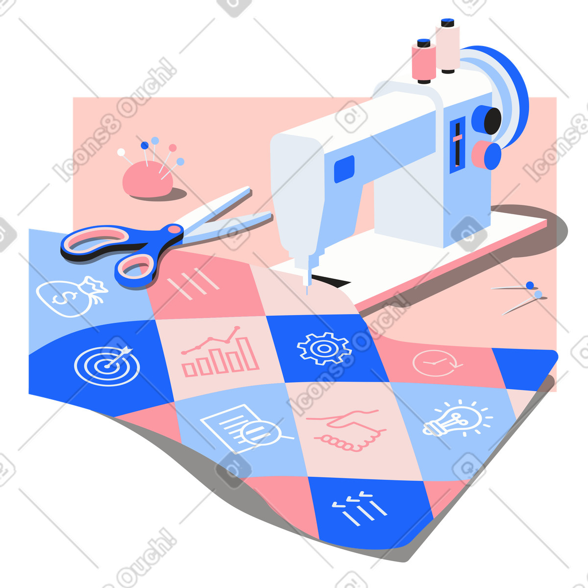 Illustration Développement de projet, machine à coudre et quilt dans le style Editorial télécharger aux formats PNG, SVG