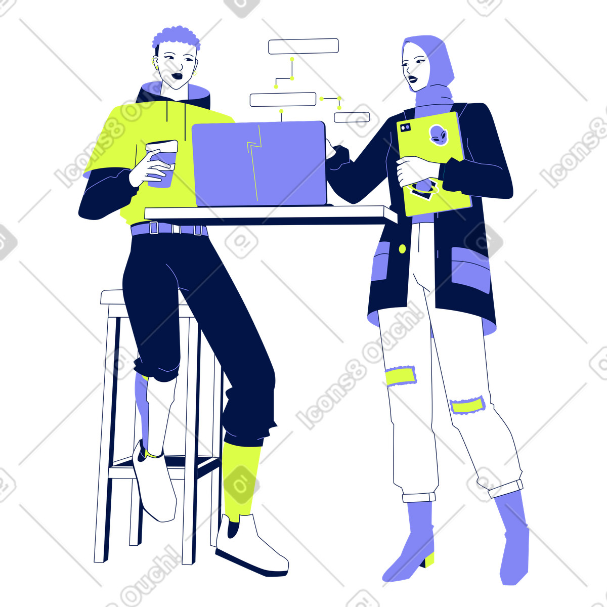 Glow 스타일의 Colleagues collaborating on project, teamwork or workplace mentoring 일러스트레이션 PNG, SVG 다운로드