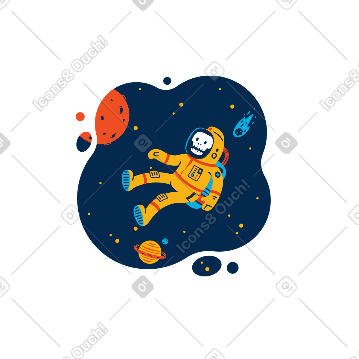 Skeleton in astronaut suit floating space, Halloween themed space travel-Illustration im Flame-Stil als Download PNG, SVG
