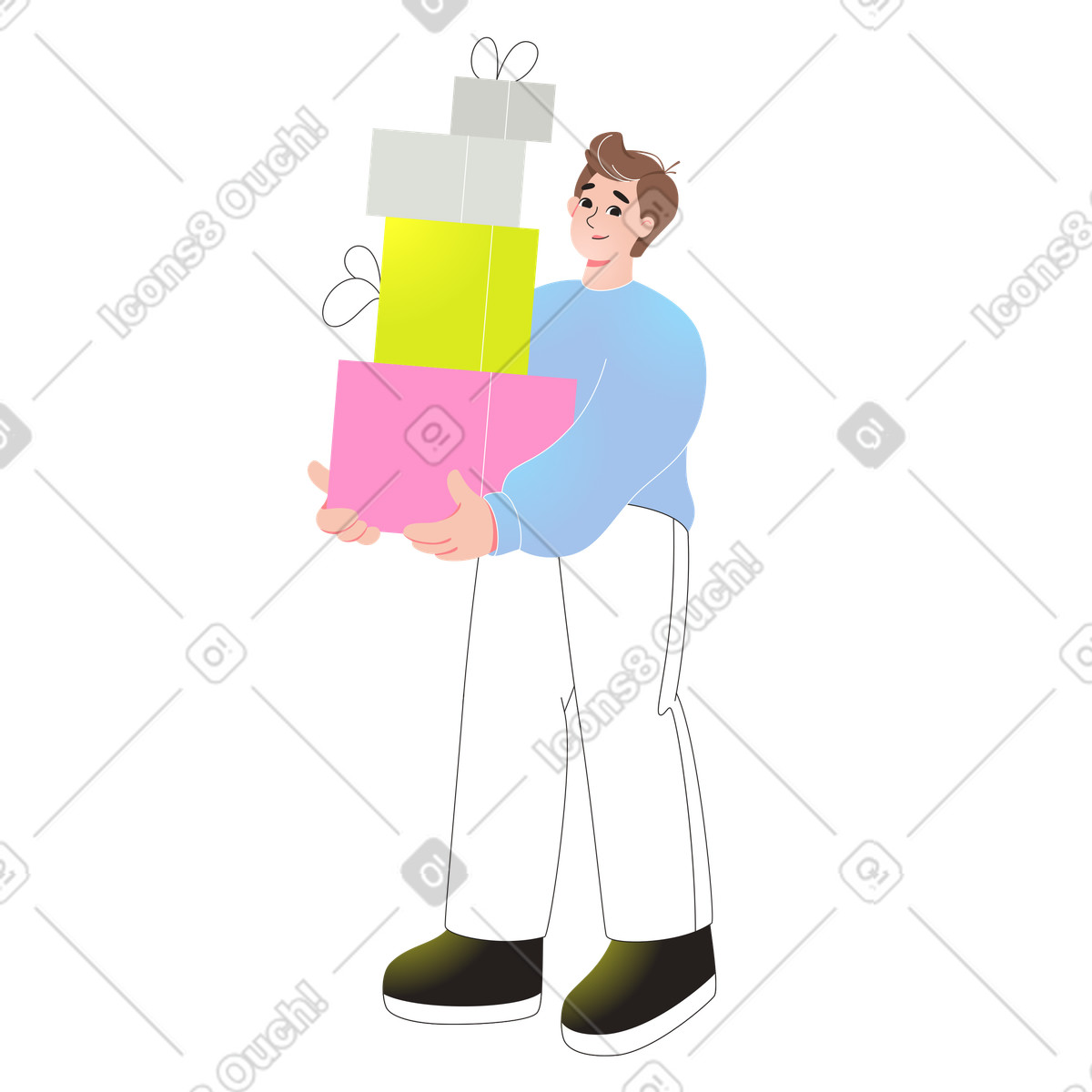 Illustration Homme tenant une pile de boîtes-cadeaux dans le style Like à télécharger aux formats PNG, SVG