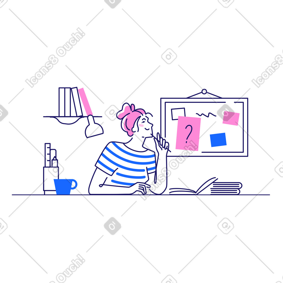 Thoughtful girl sitting at the table illustration in Matey style download in PNG, SVG