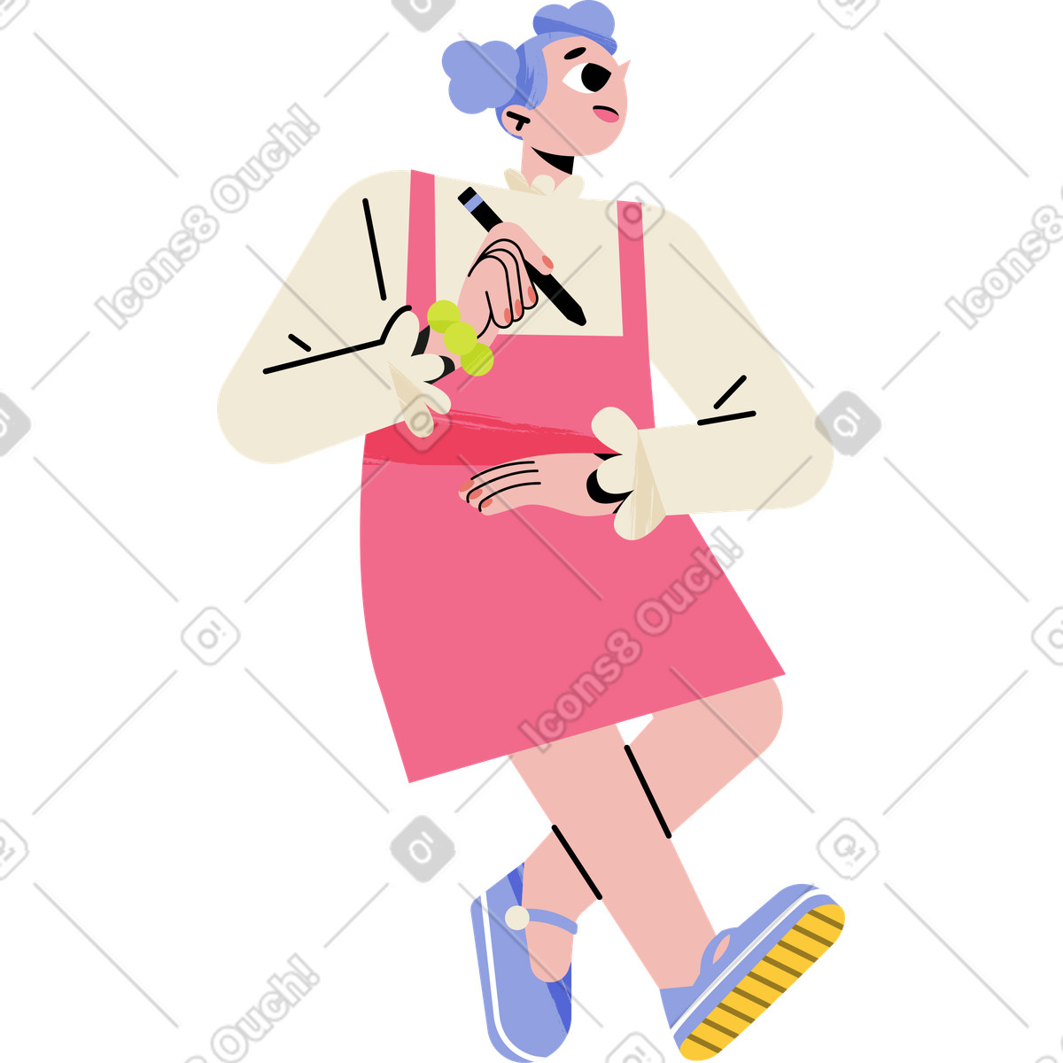 Illustration Girl in a sundress holding pen dans le style Juicy à télécharger aux formats PNG, SVG