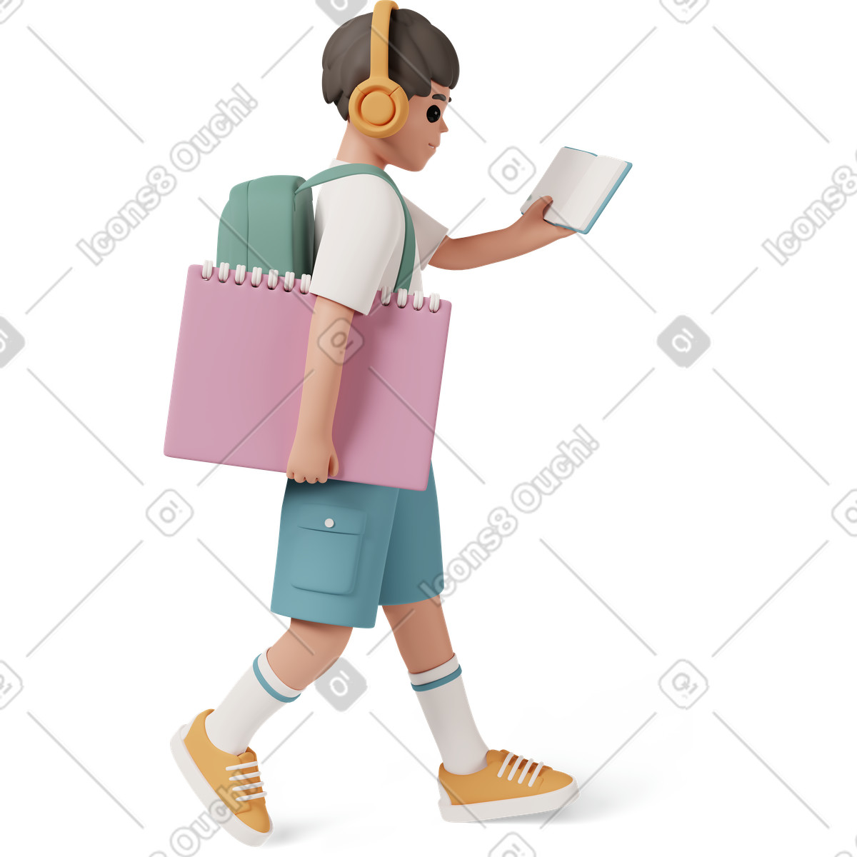 School boy reading book with headphones on-Illustration im 3D Casual life-Stil als Download in PNG, SVG