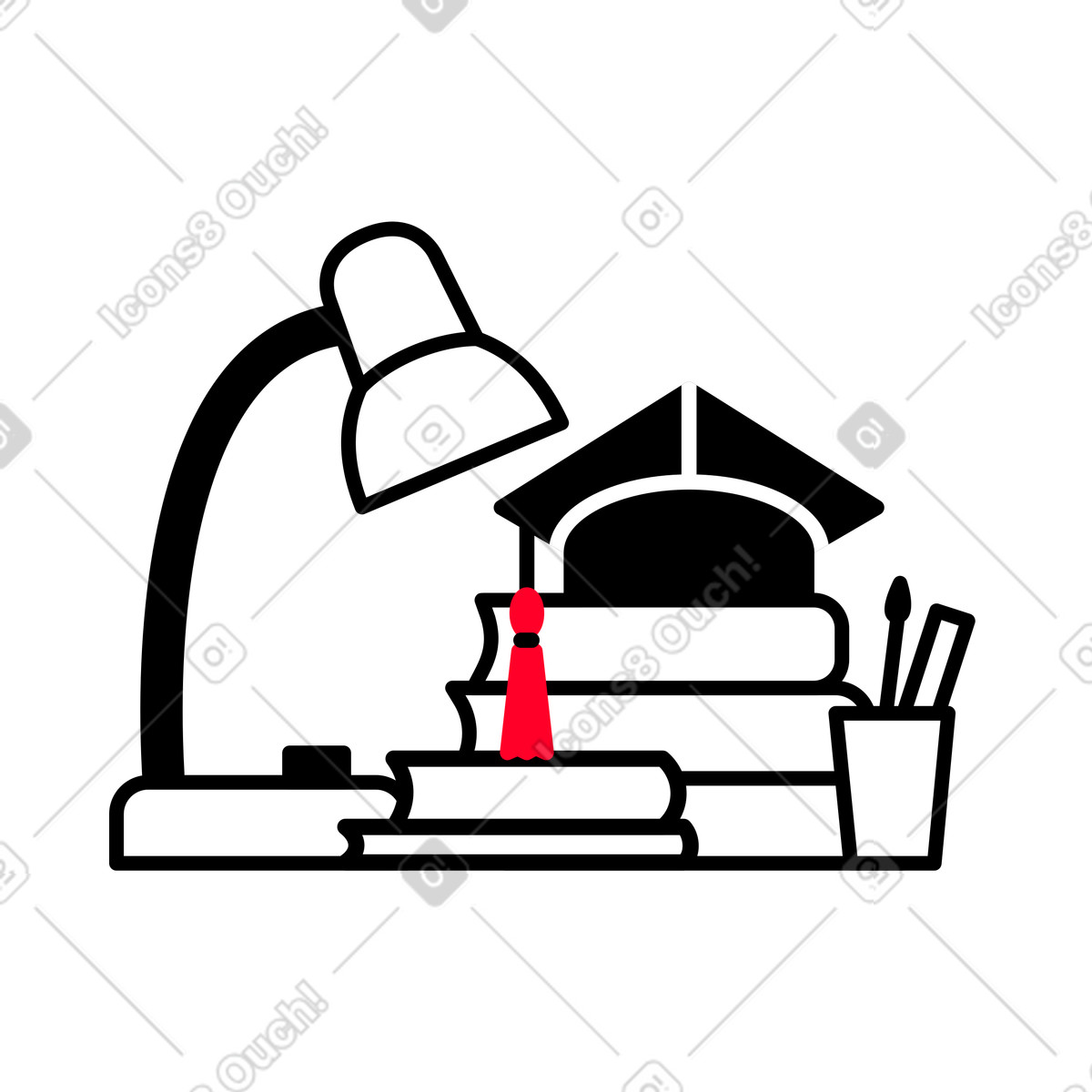 Desk lamp, mortarboard and books illustration in Transistor style download in PNG, SVG