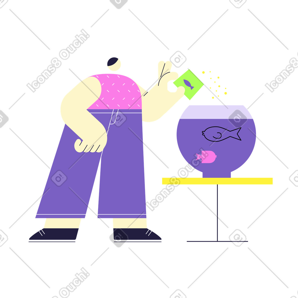 Illustration Homme nourrissant des poissons dans un aquarium le style Mellow à télécharger aux formats PNG, SVG