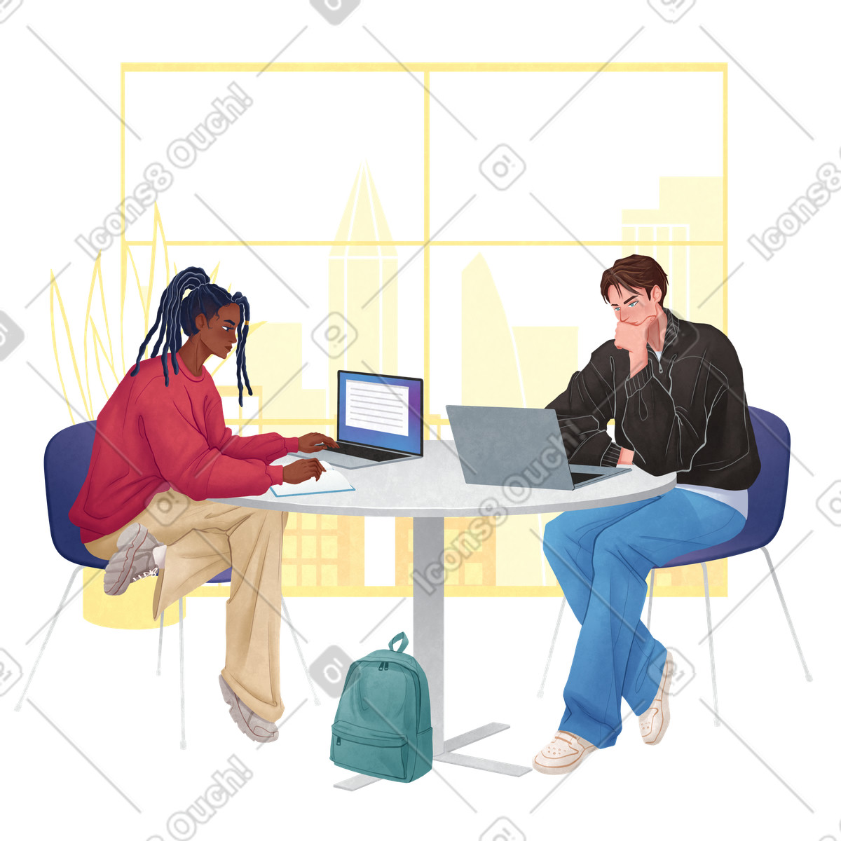 Ilustración Hombre y mujer trabajando en sus portátiles estilo Lifestyle a descargar PNG SVG