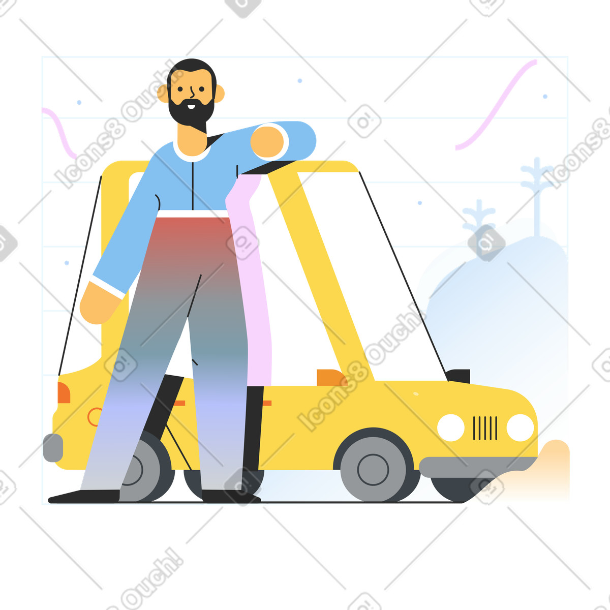 Illustration Un homme loue une voiture auprès d'une agence de location voitures dans le style Marginalia à télécharger aux formats PNG, SVG