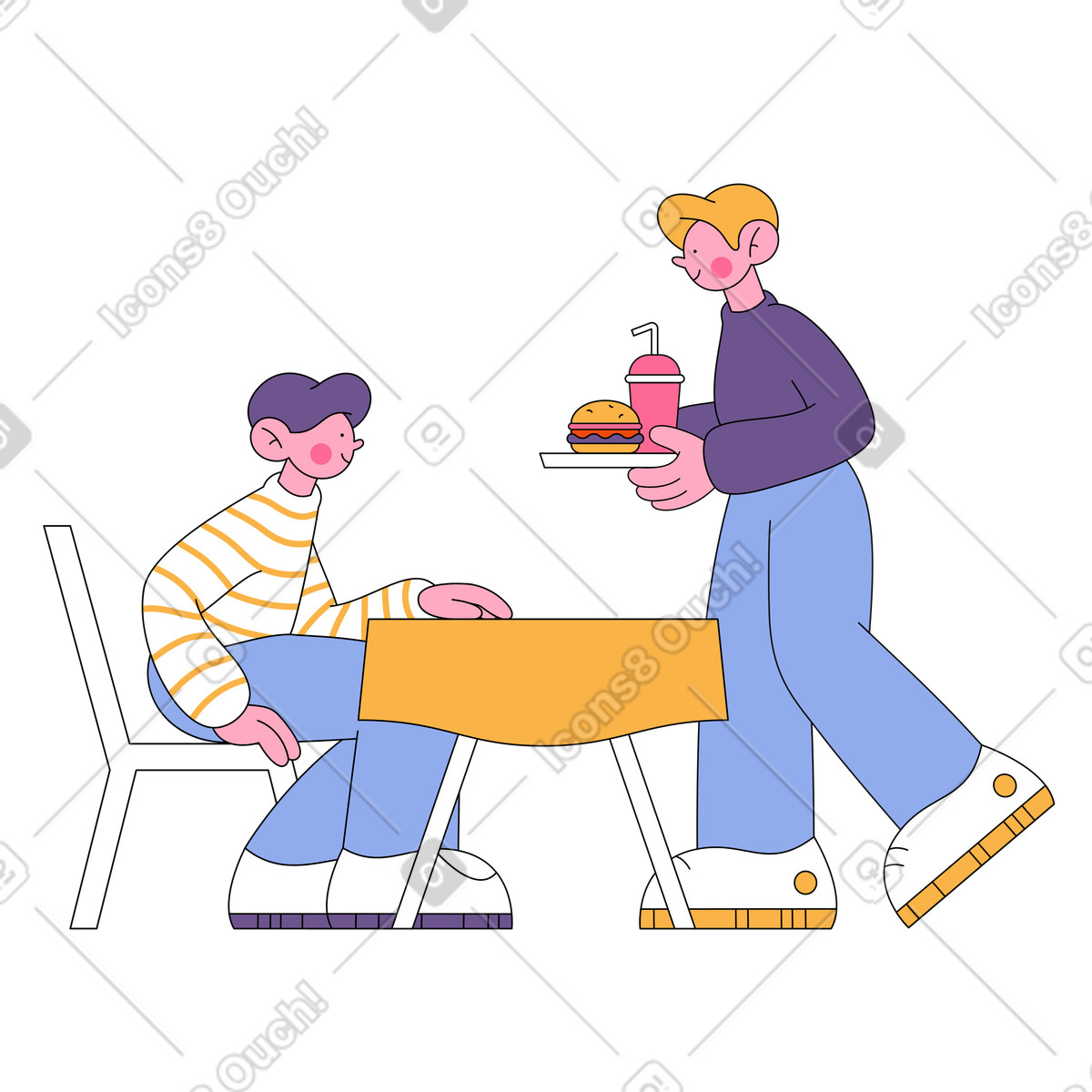 Illustration Le serveur apporte la restauration rapide à un visiteur de café dans style Bloom télécharger aux formats PNG, SVG