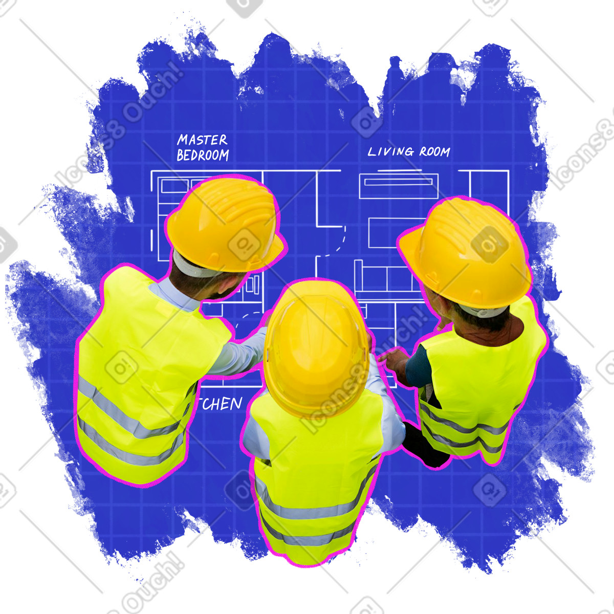 Construction workers review the house floor plan illustration in Energy style download in PNG, SVG