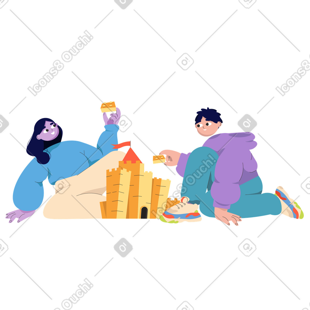 Smiling man and woman building sand castle illustration in Dizzy style download in PNG, SVG
