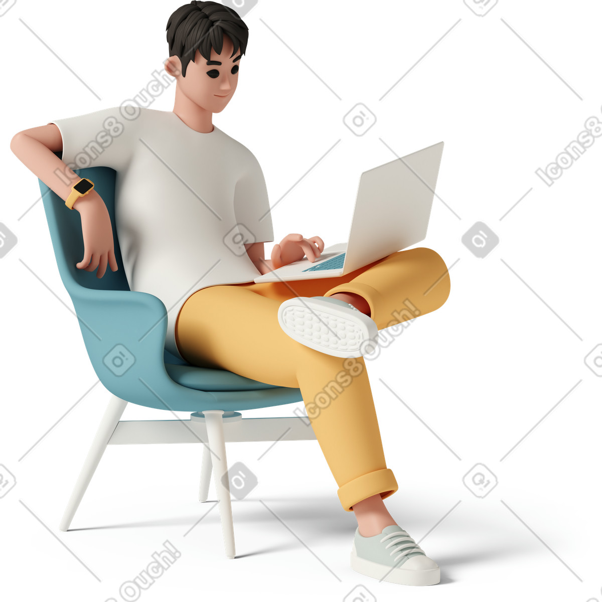 Young man with laptop on chair-Illustration im 3D Casual life-Stil als Download in PNG, SVG