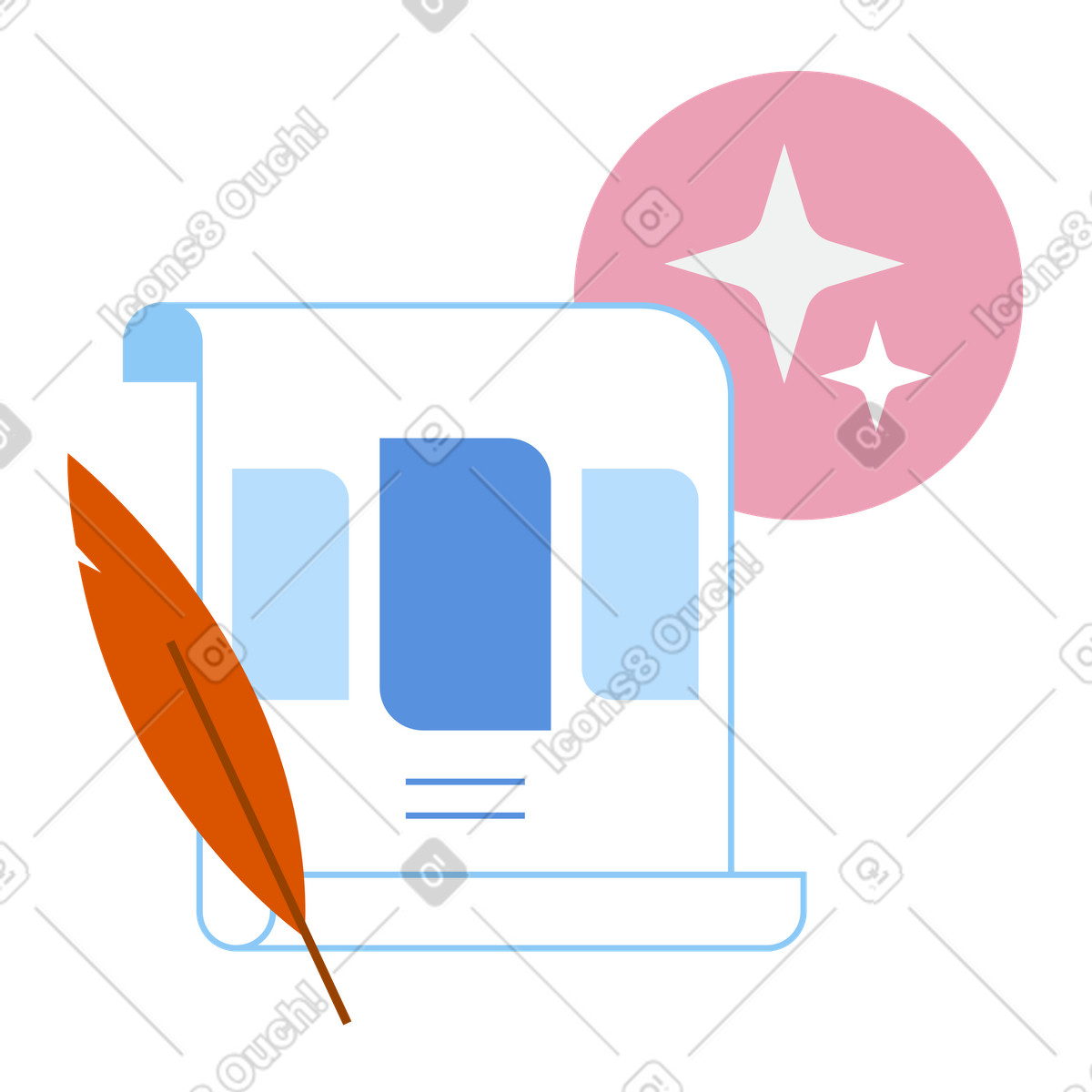 Scroll and quill with AI stars, writing assistant subscription plans animated illustration in Vector style download in GIF, Lottie (JSON), AE